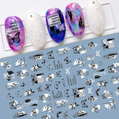 Black and White Love Flowers Line Art 3D Stickers Nail Decals Nail Art Accessories Butterfly Rose Nail Stickers Nail Sliders