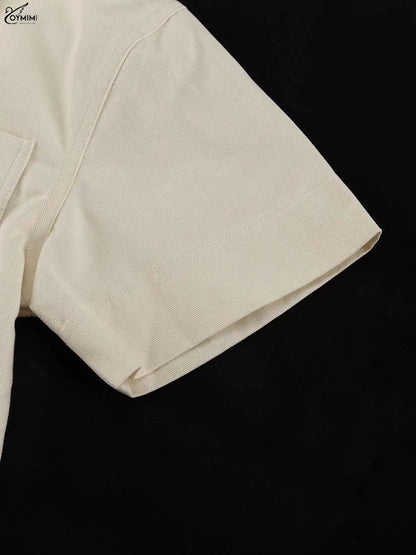 Oymimi Fashion Beige 2 Piece Sets Woman Outfit Elegant Lapel Short Sleeve Pockets Side Slit Shirts And High Waisted Shorts Sets