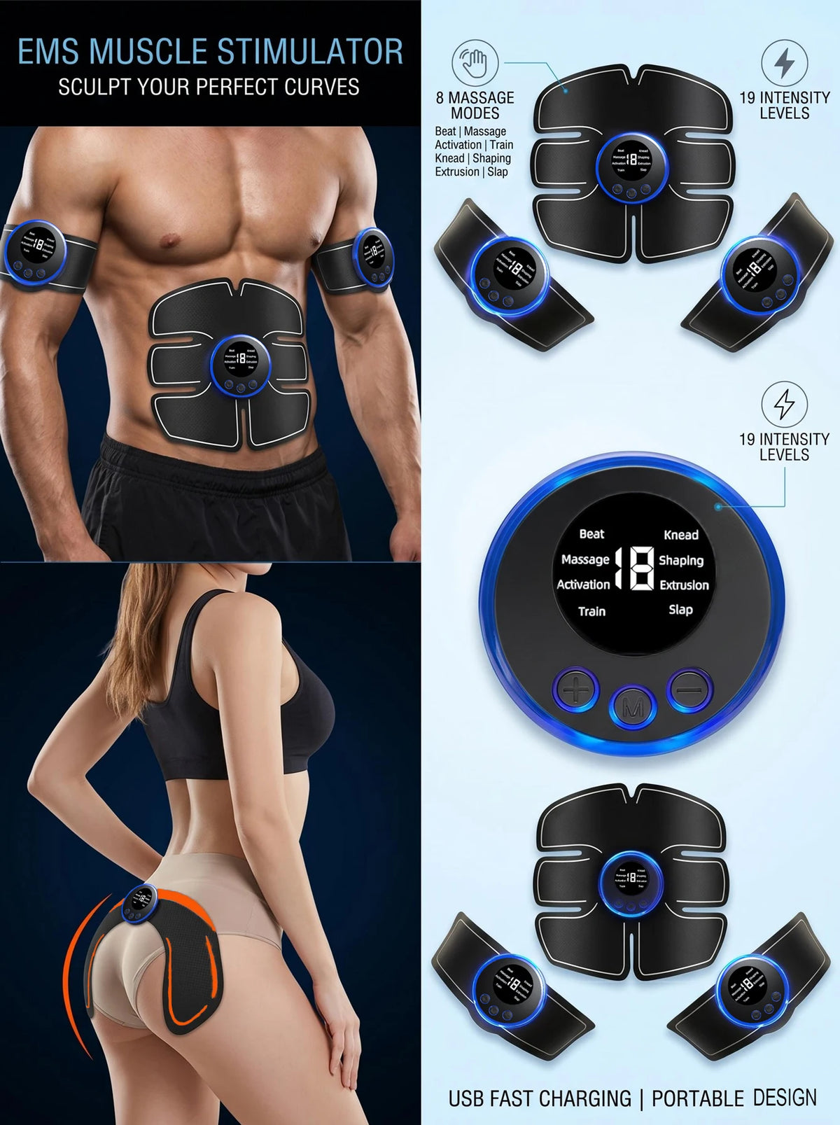USB Charging EMS Abdominal Muscle Stimulator for Men Fitness ABS Arm Training Patches Home Muscle Exercise Equipment