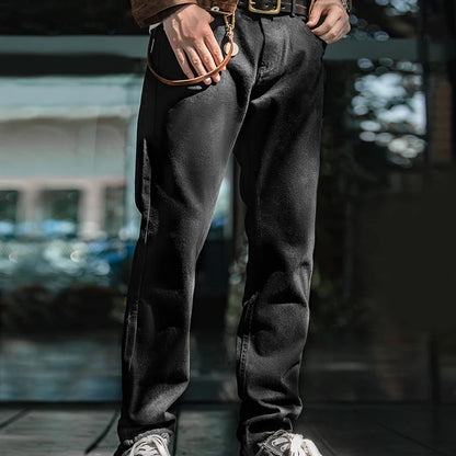 Maden Men's Vintage 12.8oz Black Washed Denim Jeans Mid Rise Straight Classic Casual Zip Fly Pants for Autumn Versatile Trousers