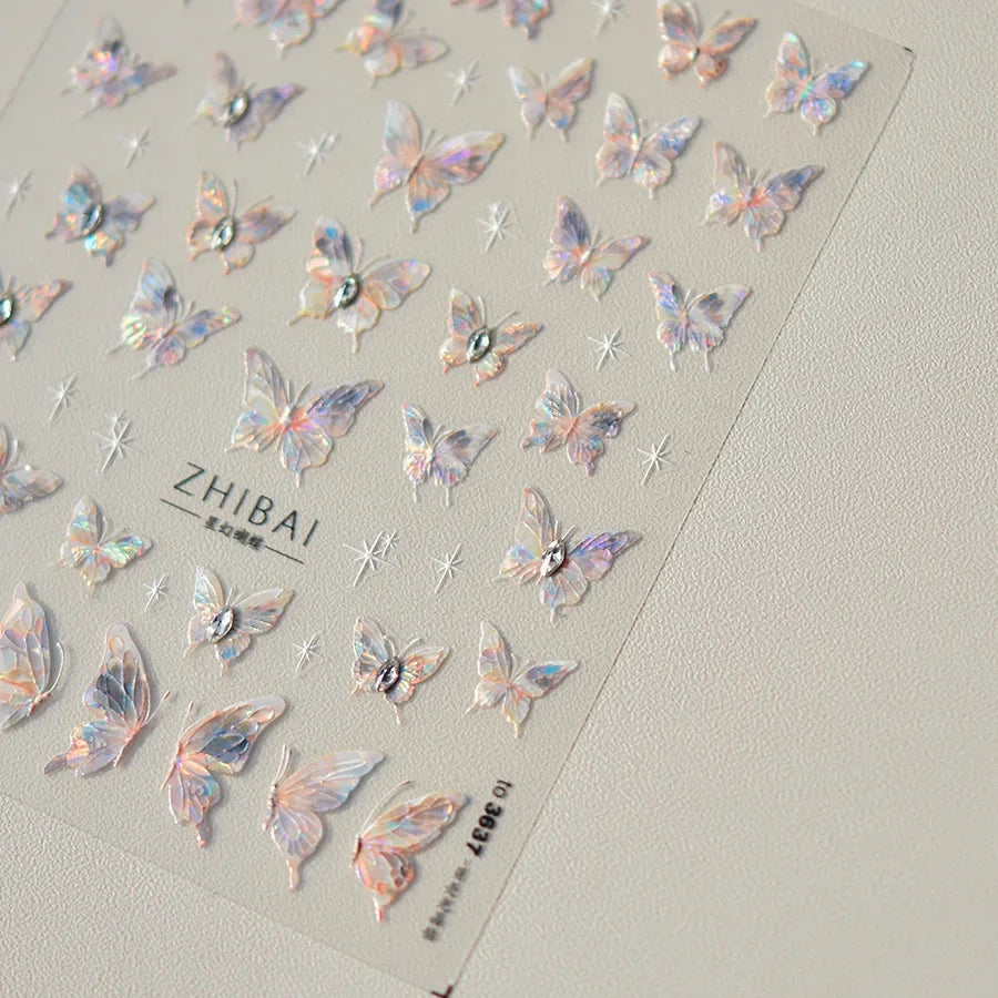 Shiny Jelly Butterfly Charming Golden Gradient Bowknot 5D Self Adhesive Nail Art Sticker Flower Petal Rhinestone Manicure Decals