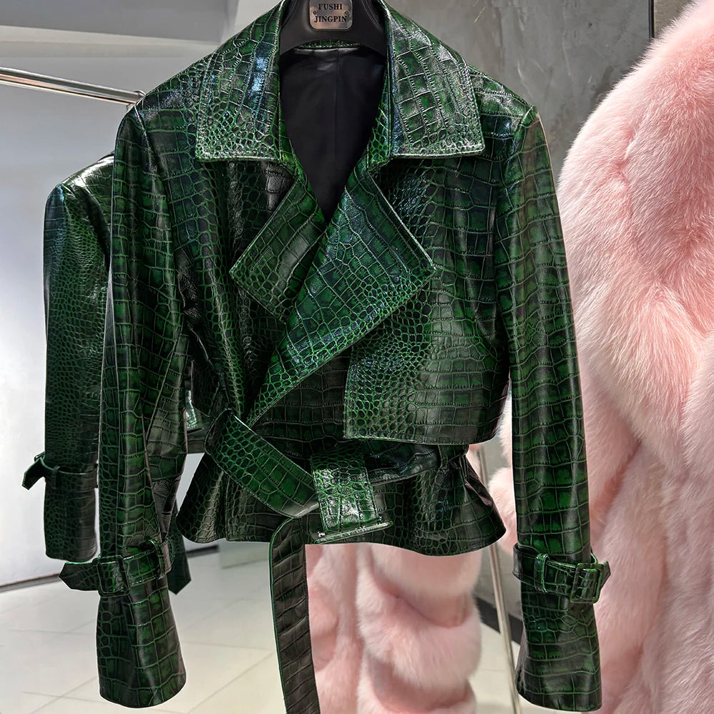 YOLOAgain 2025 Autumn Elegant Real Leather Jacket Coat Women Oversized Leather Jacket With Belt