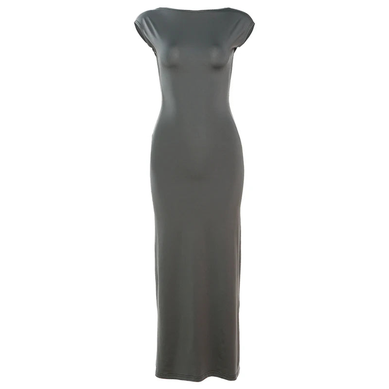 Weird Puss Backless Sexy Women Maxi Dress Short Sleeve Slim Fit Elastic Casual Solid Streetwear Club Party Ladies Summer Bodycon