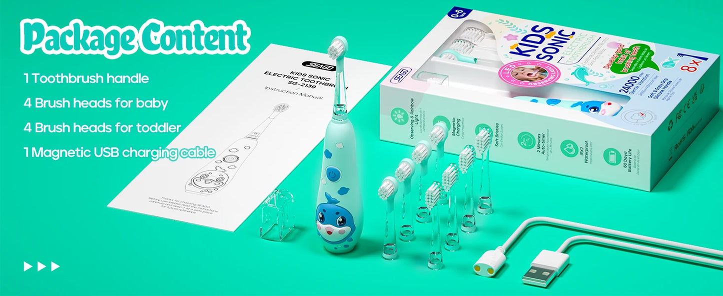 Seago Kids Electric Toothbrush Child Dolphin Colorful Observing LED 2 Mins Smart Timer IPX7 Waterproof Teeth Cleaning