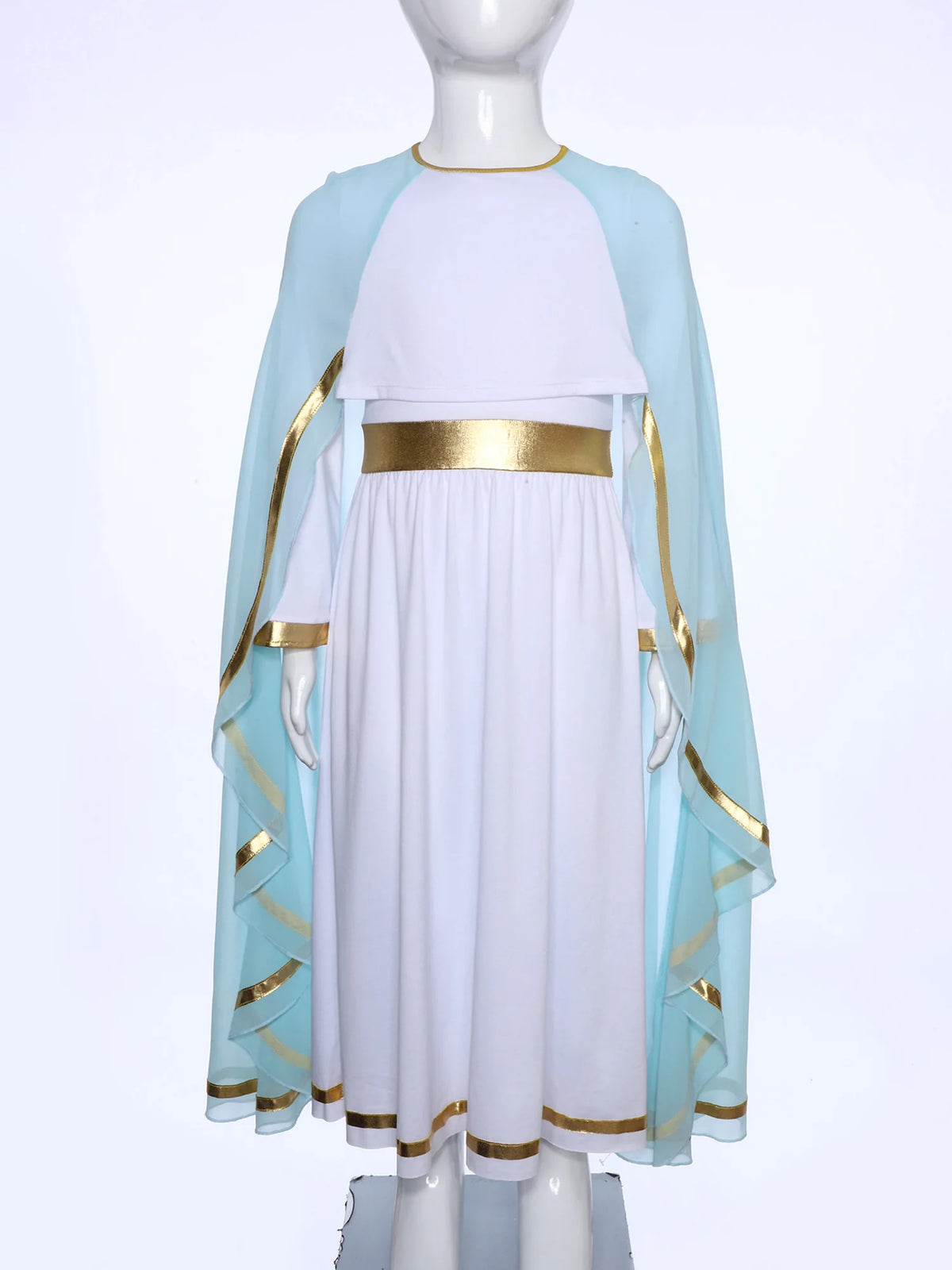 Halloween Virgin Mary Costume for Kids Girls Fancy Greek Princess Cosplay Long Sleeve Ruffle Dress with Chiffon Cape Theme Party