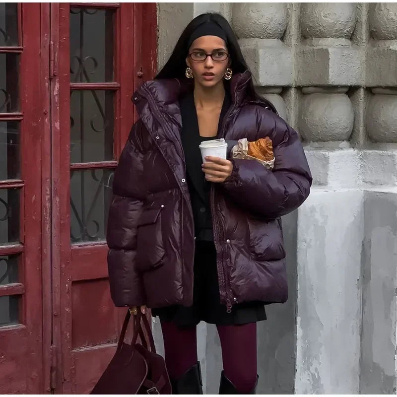 Vintage Zipper Cotton Coat Women Hooded Full Sleeve Pockets Drawstring Overcoats 2025 Winter New Lady Fashion Warm Streetwear