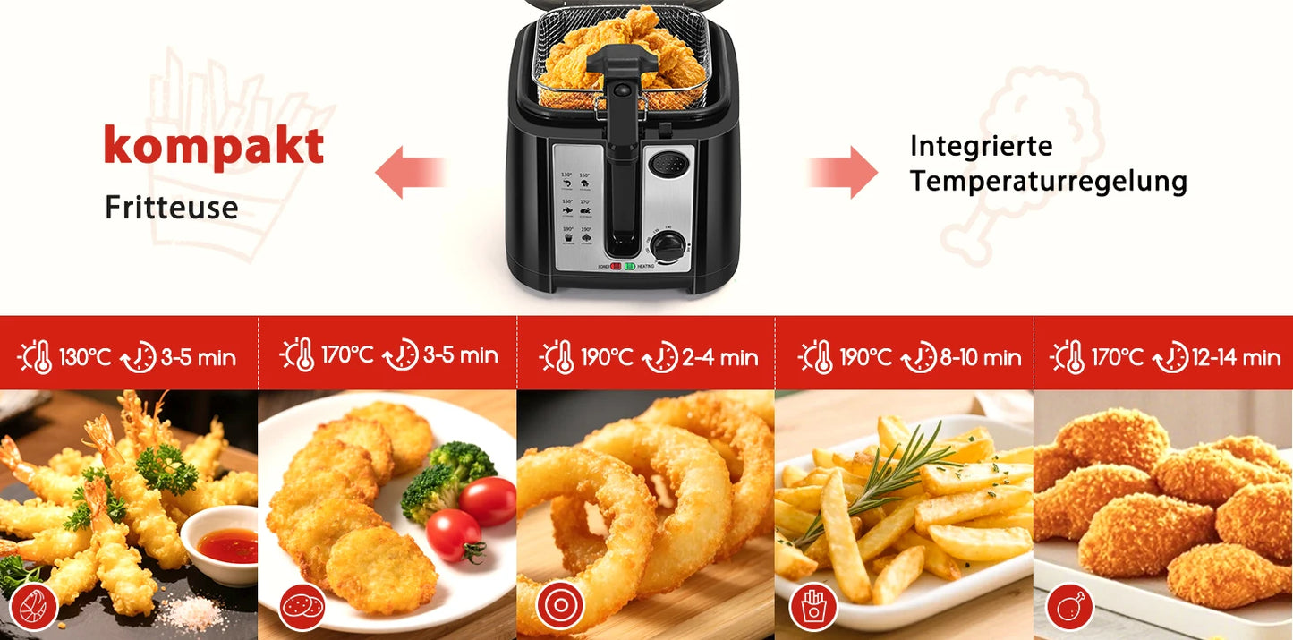 Aigostar Deep fryer with 2.5 l capacity, 1650 W, BPA-free deep fryer with viewing window, temperature control and display, black