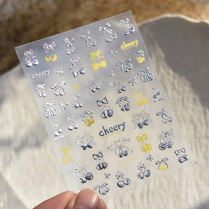5D Cute Rabbit Love Heart Peach Blossom Flower Yellow Nail Art Stickers Bowknot DIY Self Adhesive Rhinestone Manicure Decals