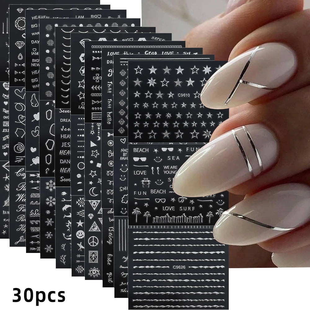 30 Sheets Christmas Nail Art Stickers Self Adhesive 3D White Snowflake Nail Decals Xmas Nail Supplies Christmas Manicure Sliders