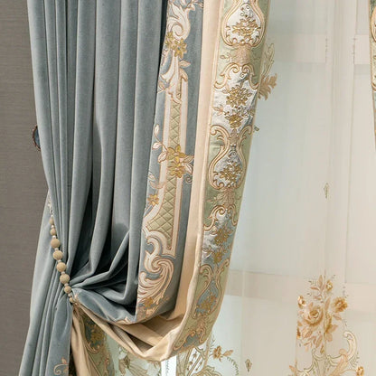 European Embroidered Thickened Blackout Blue Velvet Curtains for Living Room Bedroom Blackout  Lace Luxury Valance Tulle Custom