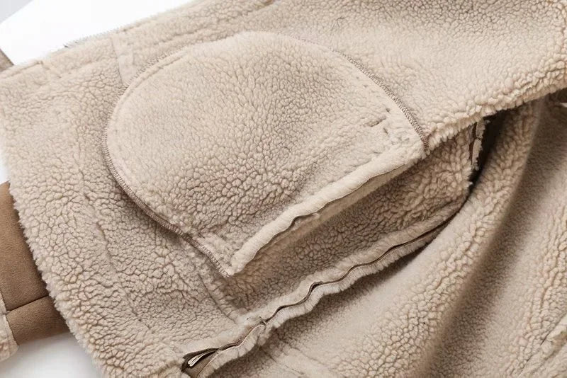 Winter Faux Shearling Sheepskin Fake Leather Jackets Lady Thick Warm Suede Lambs Motorcycle Brown Coats Mujer Chaqueta A407