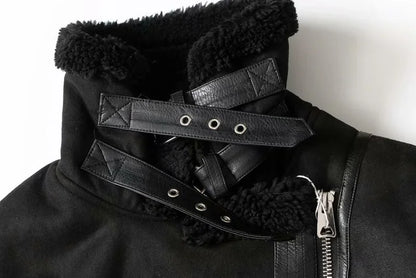 Winter Faux Shearling Sheepskin Fake Leather Jackets Lady Thick Warm Suede Lambs Motorcycle Brown Coats Mujer Chaqueta A407