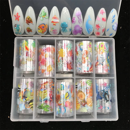 New Flower Nail Foils for Transfer Paper Stickers Floral Adhesive Fruit Nails Wraps Fish DIY Water Marble Nail Art Decorations