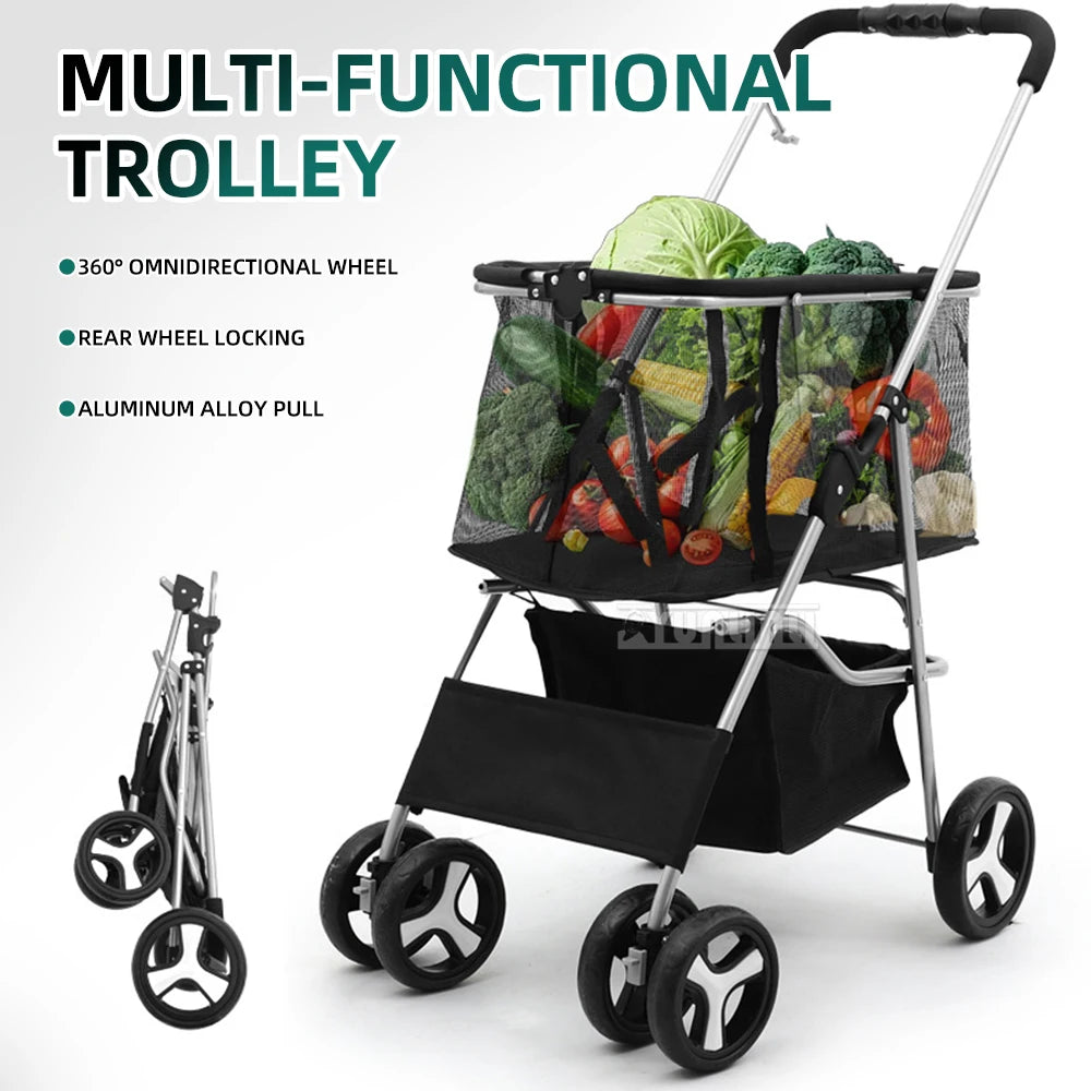 Foldable Pet Stroller, Detachable Dog Cart with Shopping Basket, Lightweight for Camping Picnic