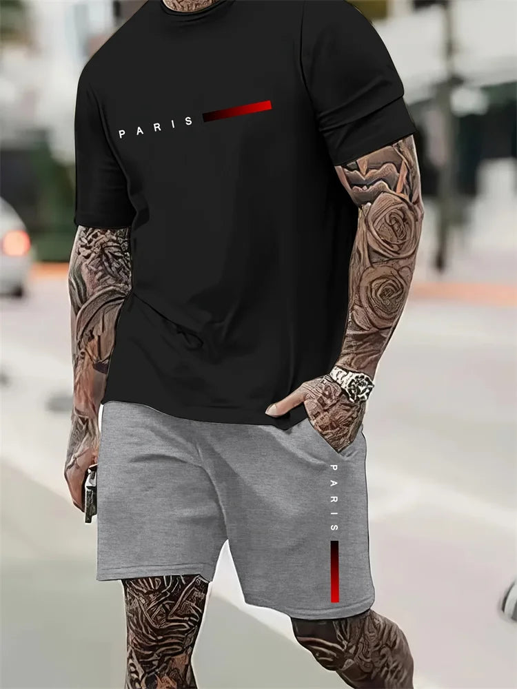 2025 New Men's Summer Round Neck Short Sleeve Suit Outdoor Sports Breathable Comfortable Shorts Suit Letter Print Casual Suit