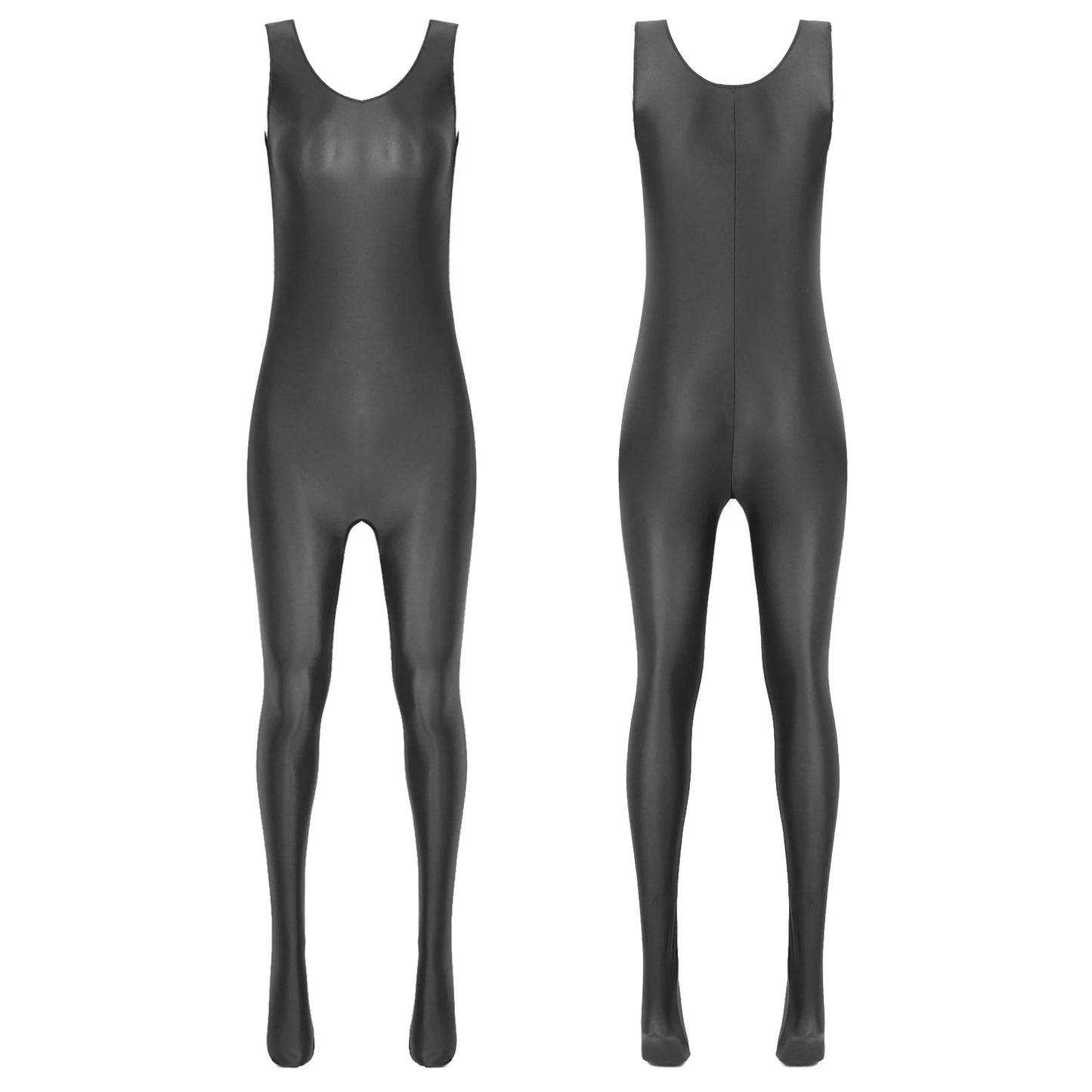 Women's Sleeveless Full Body Bodysuit Glossy Jumpsuit Gymnastics Fitness Swimming Leotard Pole Dance Costume Clubwear Lingerie