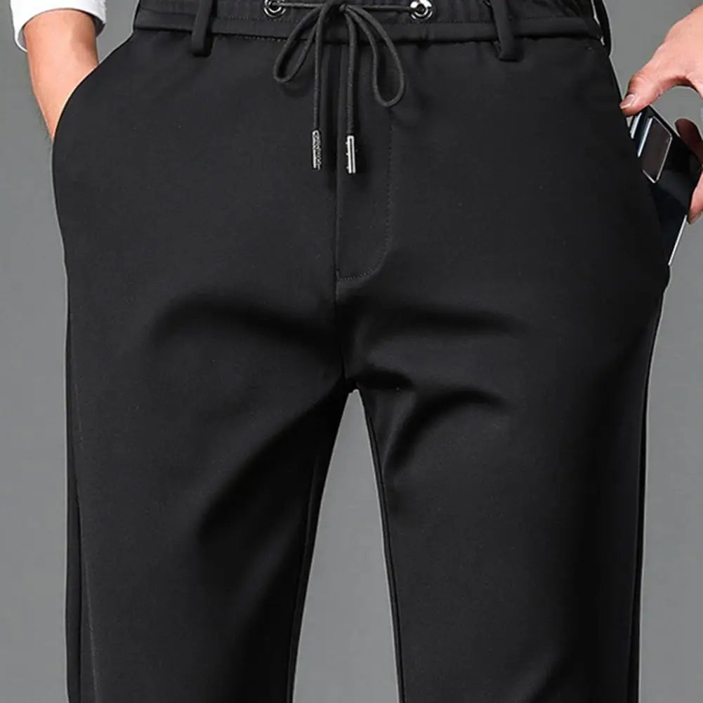 Men Casual Pants Loose Straight Drawstring Elastic Waist Business Pants Solid Color Breathable 2 Side Pockets Sports Trousers