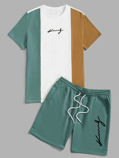 Summer Gradient Color Athletic T-Shirt and Shorts Set Stylish Men's Quick-Dry Athletic Short-Sleeve Top with Drawstring Shorts