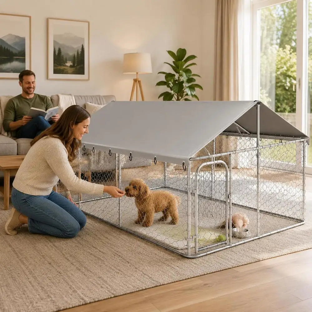 Outdoor Dog Kennel 400 x 200 x 150 cm Galvanised Steel Structure With Lockable Door Ventilated Roof For Pets Animals
