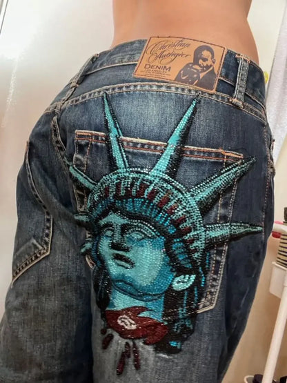 Harajuku Angel wings Embroidery Jeans Casual Denim Pants High Waist Straight Wide Leg Jeans Vintage Y2k 2000s Women Clothing