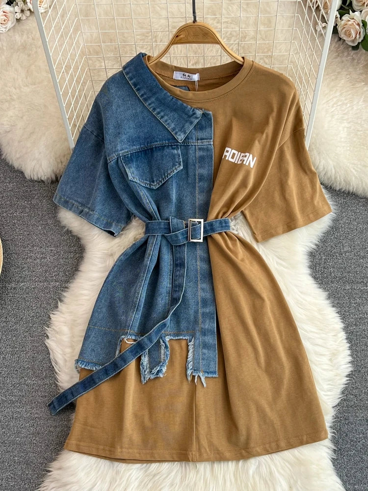 Retro Hong Kong Sle Chic Casual Mid-Length round Ne Patchwork Color Denim irt with Belt Spring New Women's Faion Top
