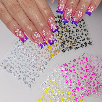 1pc 3D Hibiscus Flowers Nail Sticker White Black Flower Petals Adhesive Decals Pink Golden Floral Slider For Nail Art Decoration