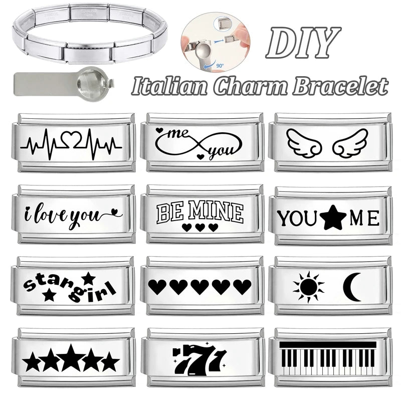 Laser Engraving Piano Heart Star Wings NO.7 Lips Italian Charm Links Fit 9mm Bracelet Stainless Steel Men Women DIY Making Gifts
