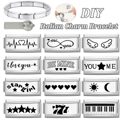 Laser Engraving Piano Heart Star Wings NO.7 Lips Italian Charm Links Fit 9mm Bracelet Stainless Steel Men Women DIY Making Gifts