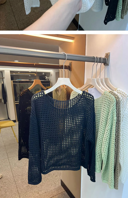 2025 Mesh Vintage Harajuku Long Sleeve Women Sweater Korean Spring Summer Knitwear Soft Thin Tops Chic Solid Femme Sweater