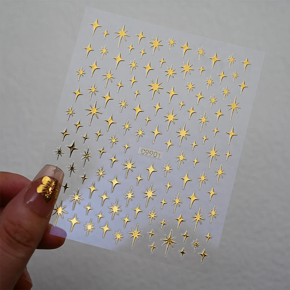12Pcs 3D Gold Sliver Stars Nail Stickers Bronzing Starlight Nail Art Decals Self Adhesive Slider Decals DIY Nail Tips Decoration
