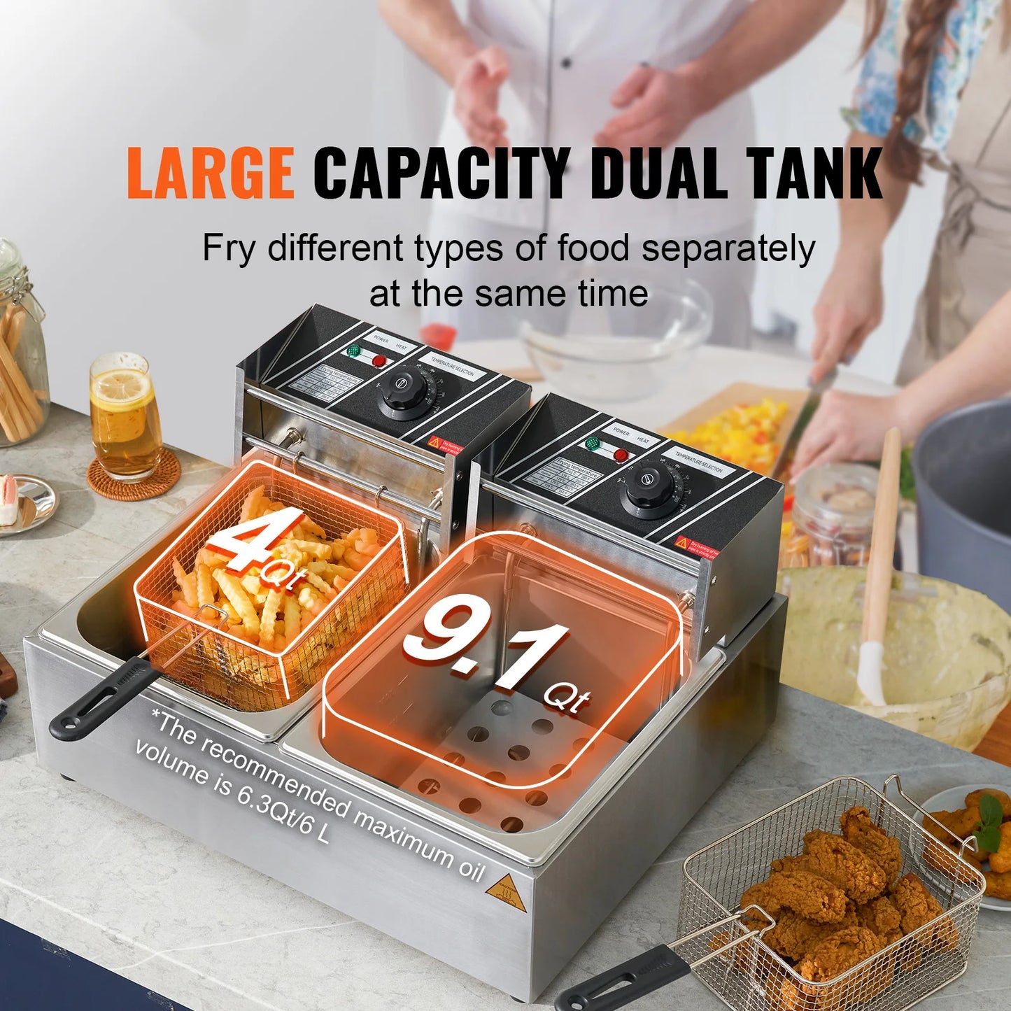 SucceBuy 12L Electric Deep Fryer w/Dual Removable Tanks Commercial Countertop  Fryer for Chicken French Fries Frying Chips