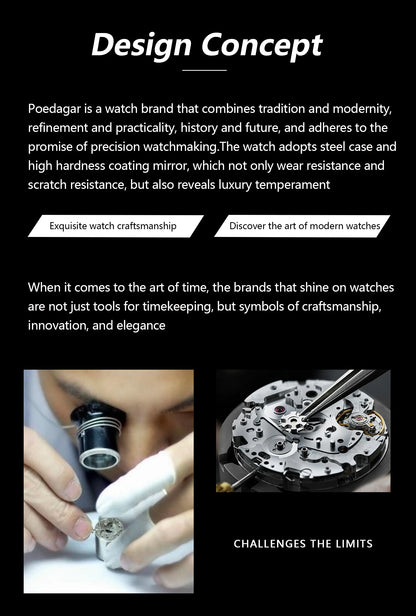 POEDAGAR Luxury Original Man Watch Waterproof Stainless Steel Luminous Men's Wristwatch Date Week Quartz Fashion Watches For Men