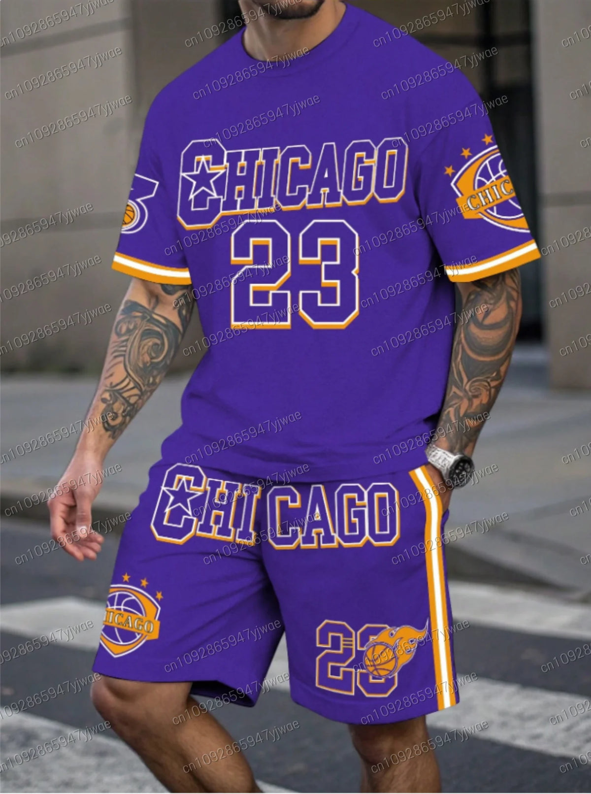 New In Chiago No.23 Print Men's yellow Casual Short Sleeve T-Shirt Shorts Set Adult Basketball Jogging  2 Piece Set men Clothing