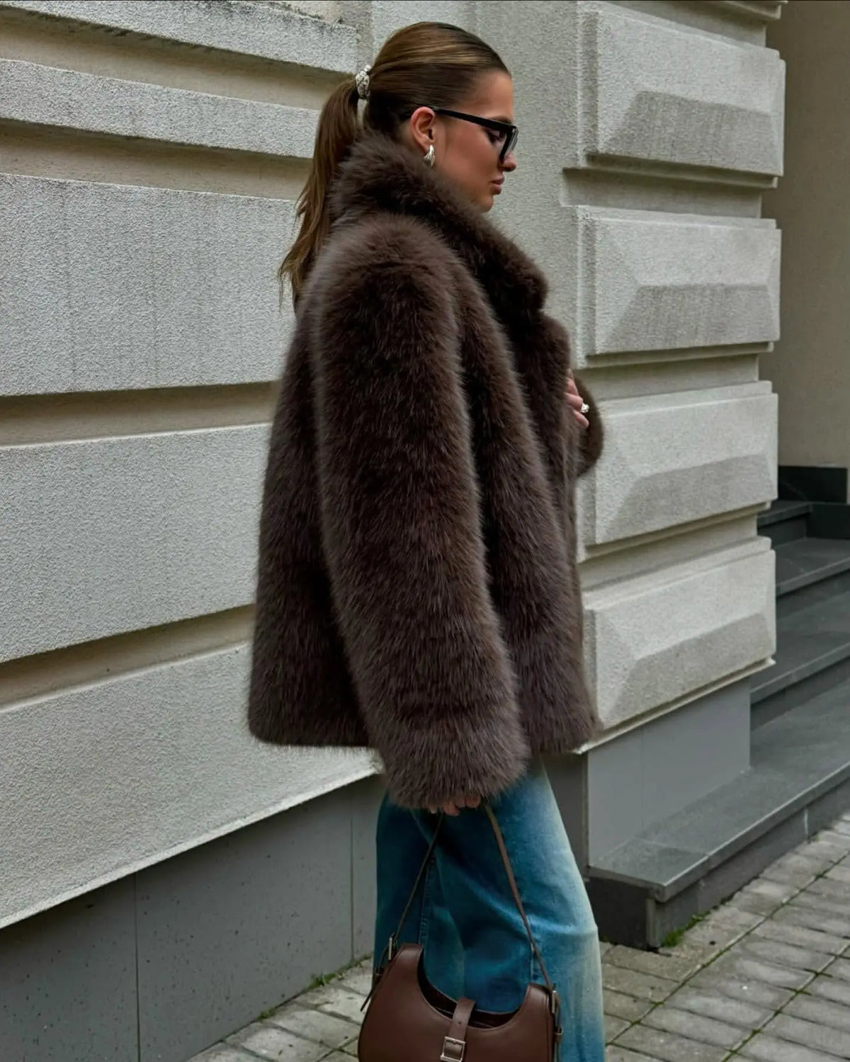 Faux Fox Fur Coats Women Solid Mid Length Jackets Lapel Collar Long Sleeve Furry Outerwear Thick Loose Casual 2025 Autumn Winter