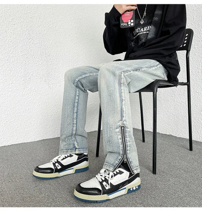 2024 Spring Autumn Korean Men Fashionable Retro Street Jeans Zip Design on Trouser Legs Straight-leg Denim Pants Men's Clothing