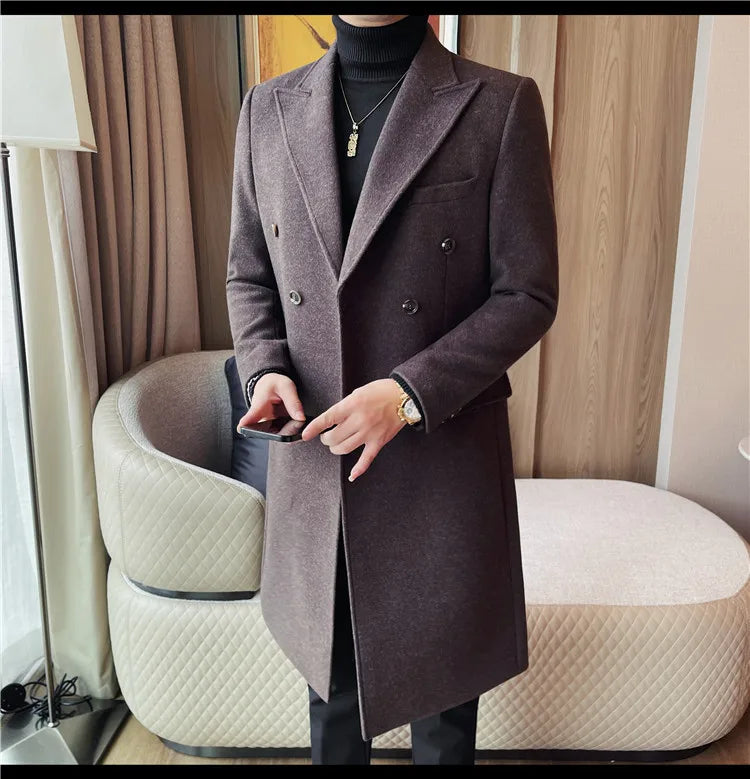 Autumn Winter Vintage Men's Woolen Long Coat Fashion Lapel High Quality Double Breasted Formal Men Slim Fit WindBreaker Overcoat