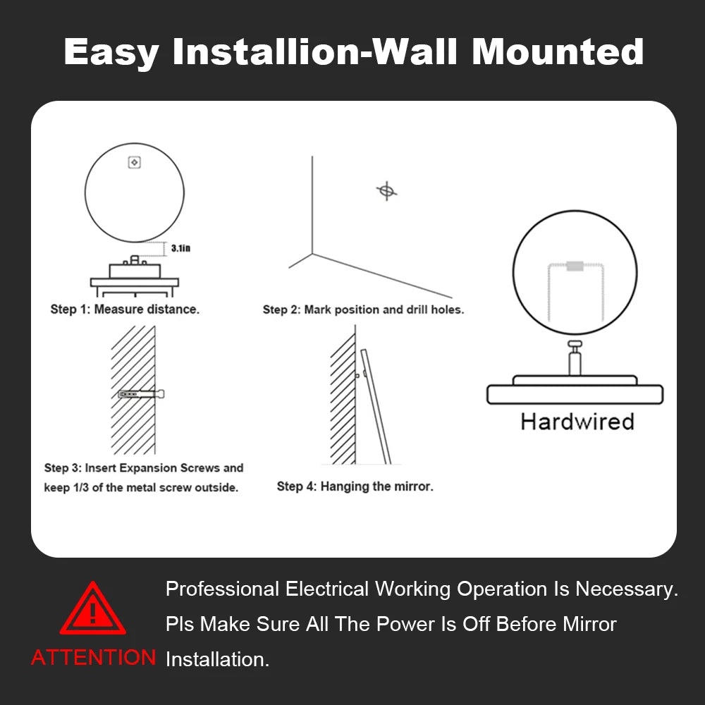 Smart Round Bathroom Mirror With LED Backlit Lights Wall Mounted Mirror 3 Colors Memory Stepless Dimmable Waterpoof IP54 Touch Switch