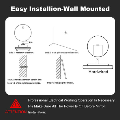 Smart Round Bathroom Mirror With LED Backlit Lights Wall Mounted Mirror 3 Colors Memory Stepless Dimmable Waterpoof IP54 Touch Switch