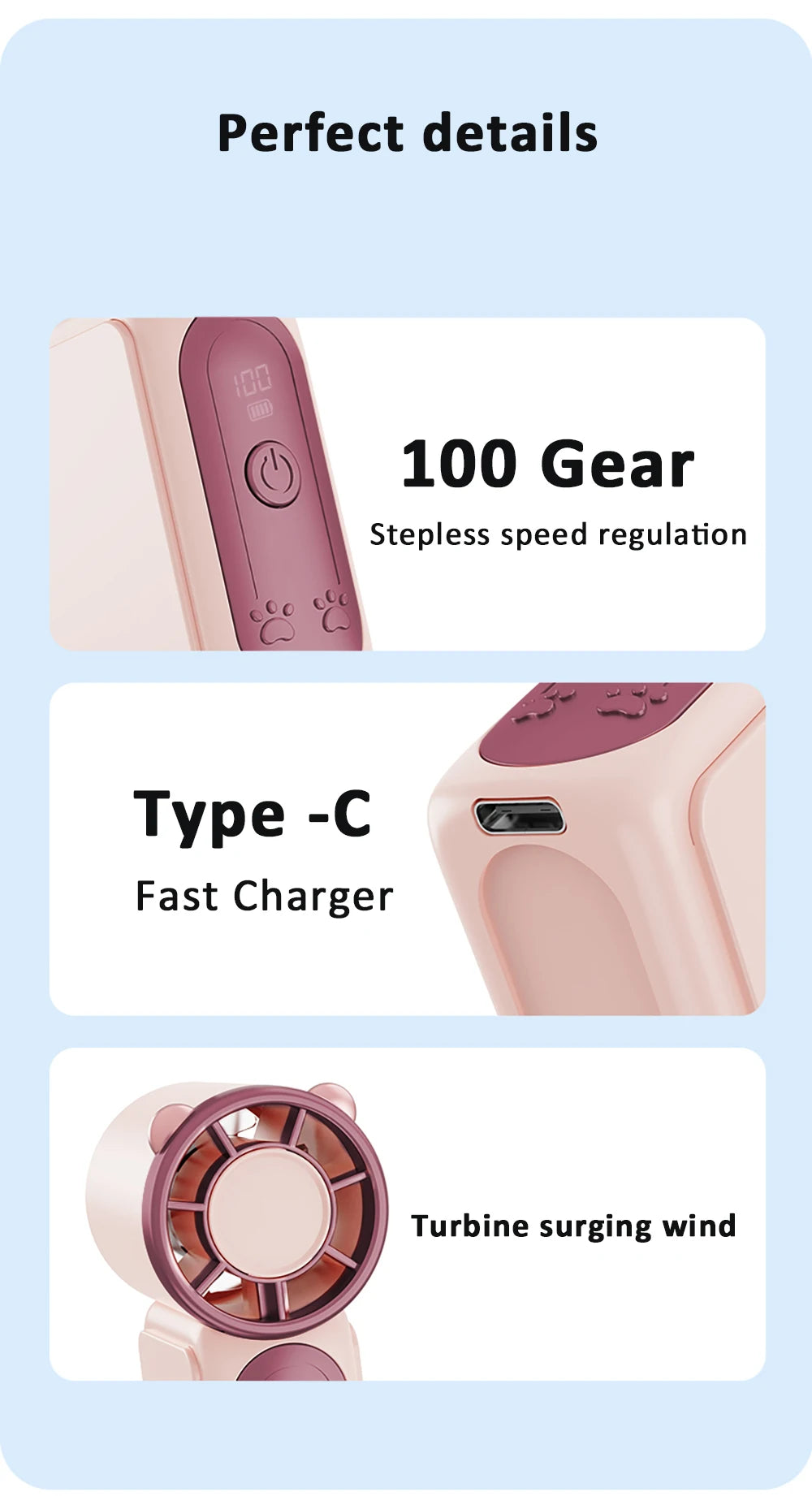 Portable Handheld Fan Mini Perosonal Hand Fan USB Rechargeable Outdoor Travel Hand Fan Digital Display Pocket Fan 100Gear