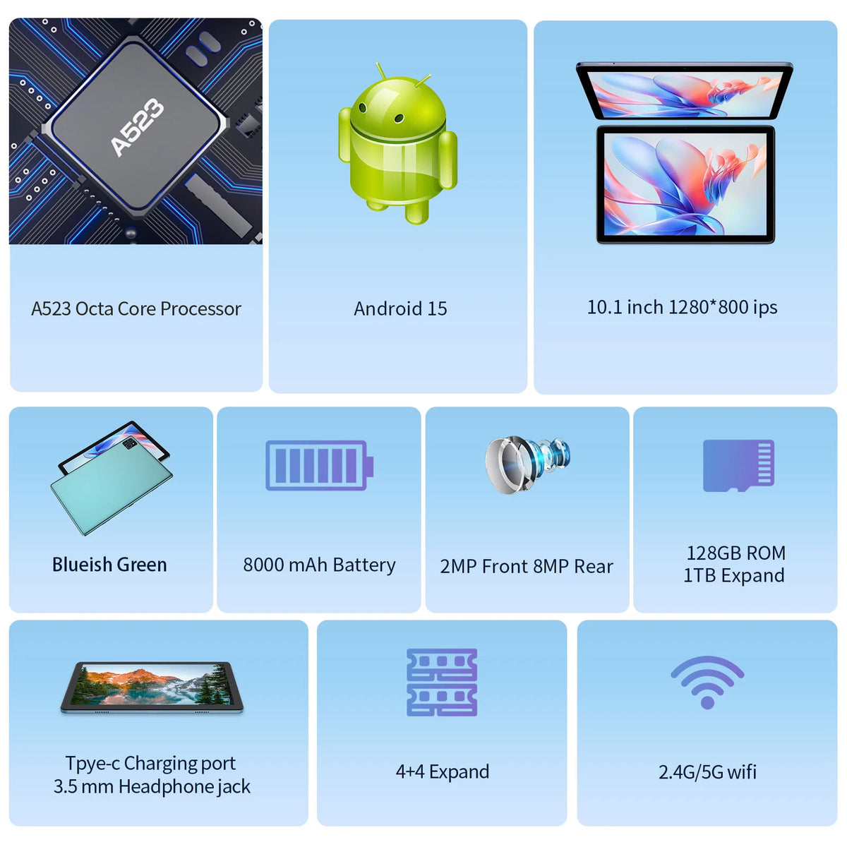 PRITOM TAB11 Android 15 Tablet 10 Inch, 16GB(4+12 Expand) RAM + 128GB ROM, Octa Core, 5G WiFi, with Keyboard, Mouse, Case