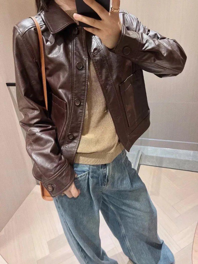 British Style Lapel Genuine Leather Jackets for Women Fashion Single-breasted Pockets Female Brown Casual Short Sheepskin Jacket