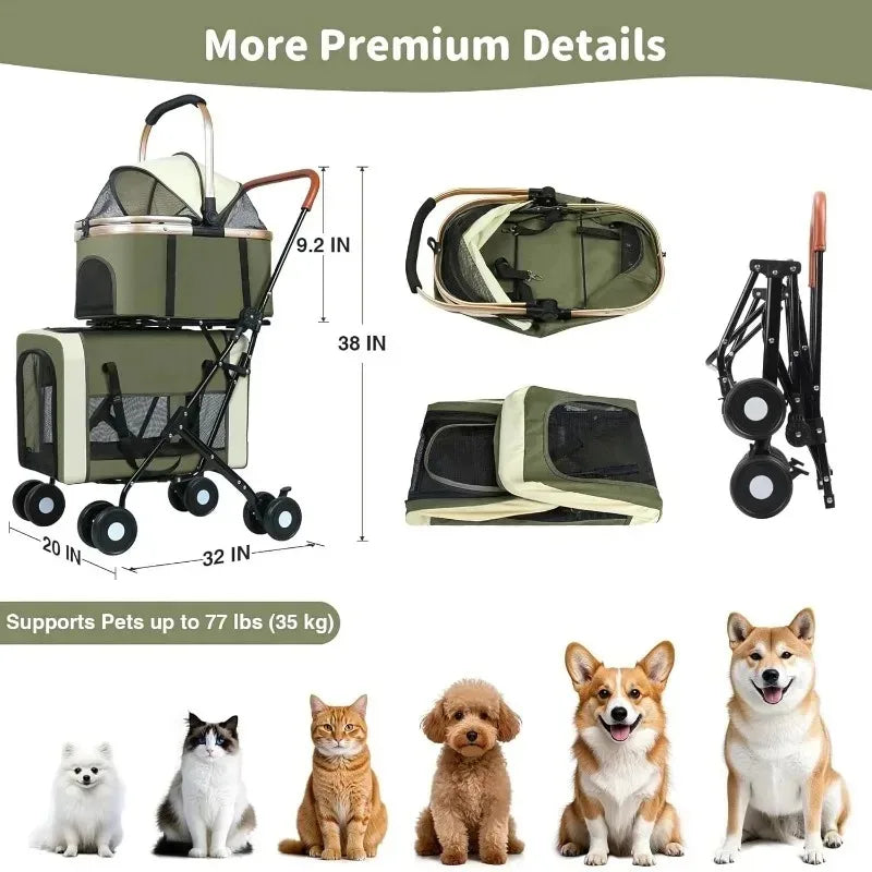 Travel Stroller Foldable Double Detachable Portable Carrier Pet Stroller for 2 Small Medium Dogs Cats Stroller Pet Supplies
