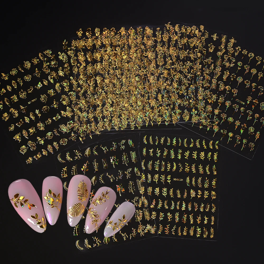 12pcs/set 3D Shiny Leaf Flower Nail Art Sticker Laer Gold Bronzing Leaves Nail Decals 8*10cm Self-Adhesive Nail Art Supplies e5#