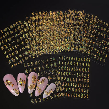 12pcs/set 3D Shiny Leaf Flower Nail Art Sticker Laer Gold Bronzing Leaves Nail Decals 8*10cm Self-Adhesive Nail Art Supplies e5#
