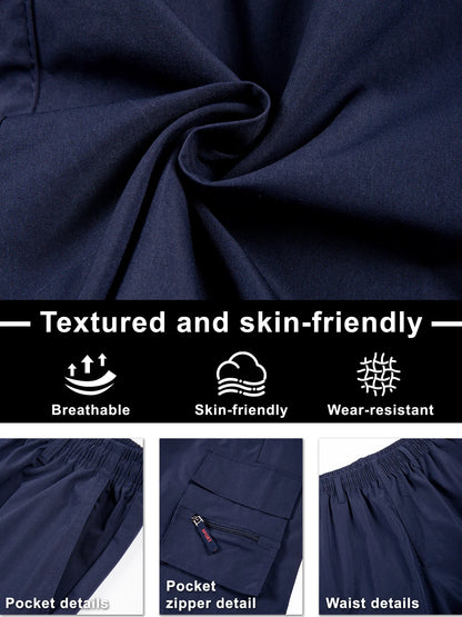 Men's Straight Cargo Shorts Lightweight Breathable Solid Color Drawstring Waist with Zipper Pockets Casual Summer Short Pants