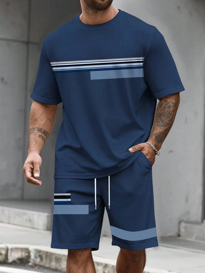 Casual Stripe Printed T-shirt Shorts Set Large Size Loose Men's Short Sleeve Tee Elastic Waist Shorts 2-piece Set Sports Clothes