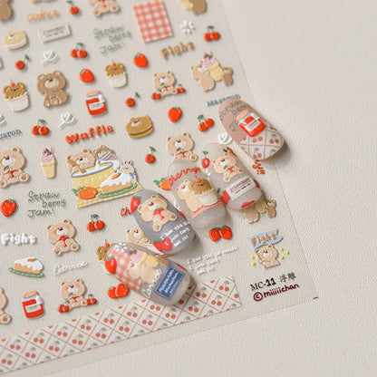 Lovely Animal Graffiti Cat Claw Rabbit Bunny Bear Dog Flower Fruit Dim Sum Candy Sunflower Adhesive 5D Nail Art Stickers Decal