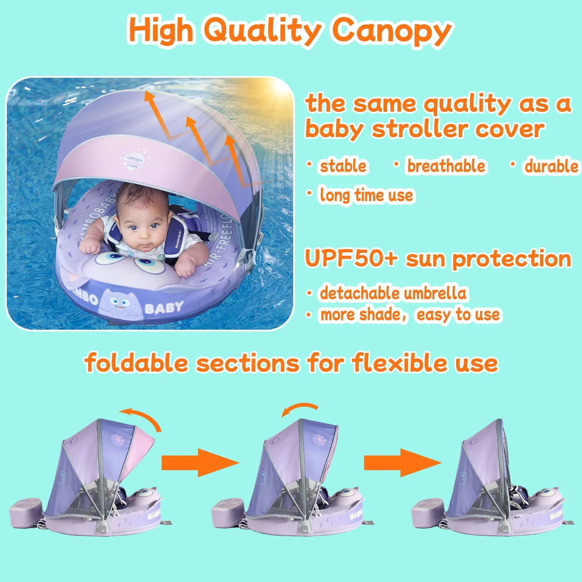 Mambobaby Float 98% UV Protection Canopy Safe Air-Free Core Comfort Skin-friendly Design Baby Swim Ring Toddler Pool Float Infant Swim Circle Swimming Buoy 1 Years 3-34 Months Boy and Girl Globally Certified Safe Design