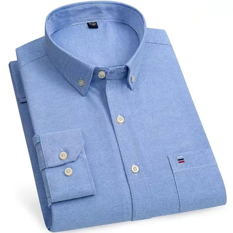 Men's Versatile Casual Checkered Oxford Cotton Shirts Single Pocket Long Sleeve Standard-fit Button Down Gingham Striped 7XL 6XL