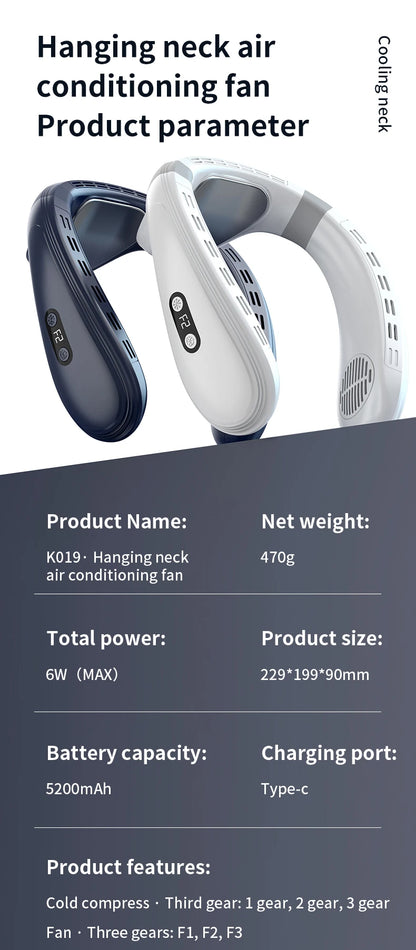New Portable Neck Fan 5200mAh Neck Air Conditioner Rechargeable Semiconductor Cooling Fan Outdoor Personal Fan Wearable Cooler